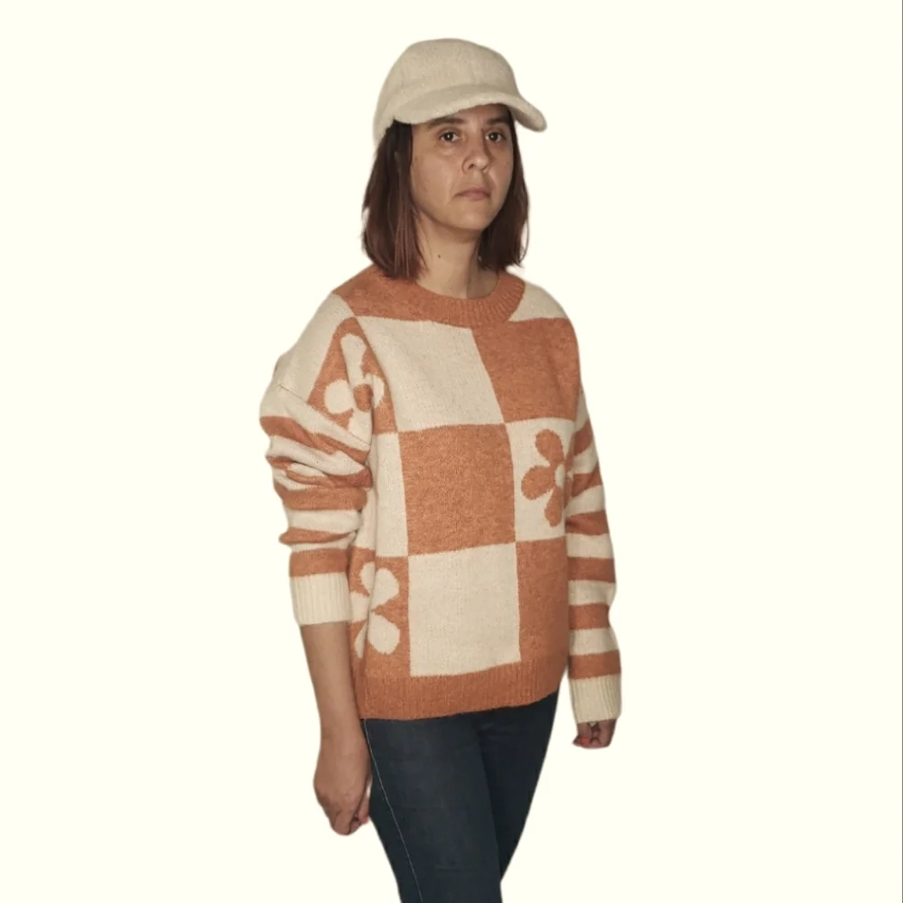 Entro Crew Neck Sweater Checkerboard Stripe Orange Cream Retro Hippie Boho